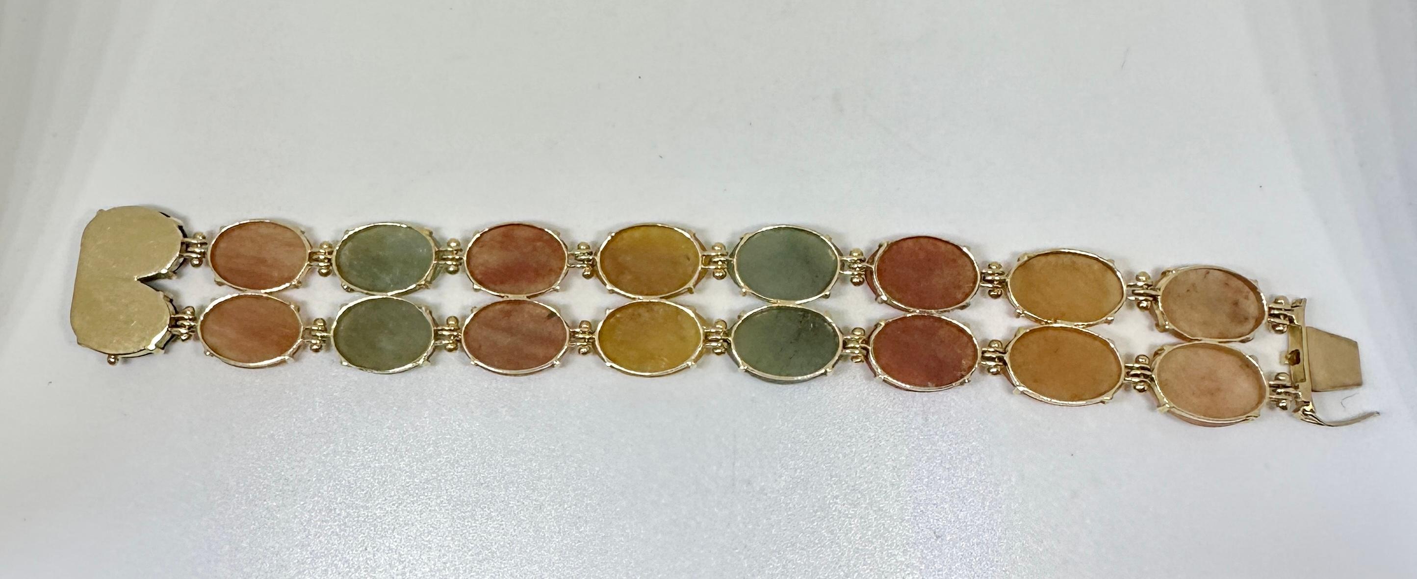 Multicolor Rainbow Jade Double Link Bracelet 14 Karat Yellow Gold Antique Retro For Sale 10