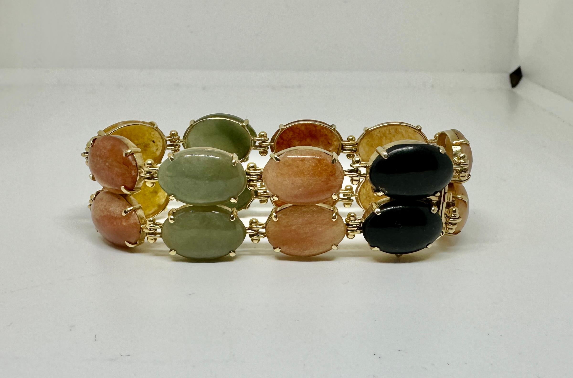 Cabochon Multicolor Rainbow Jade Double Link Bracelet 14 Karat Yellow Gold Antique Retro For Sale