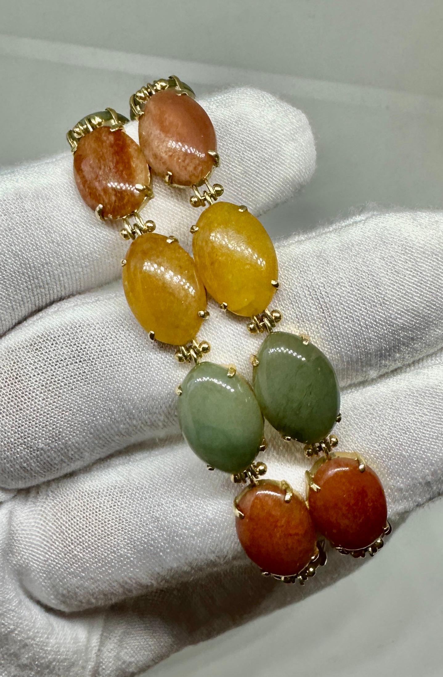 Multicolor Rainbow Jade Double Link Bracelet 14 Karat Yellow Gold Antique Retro For Sale 3