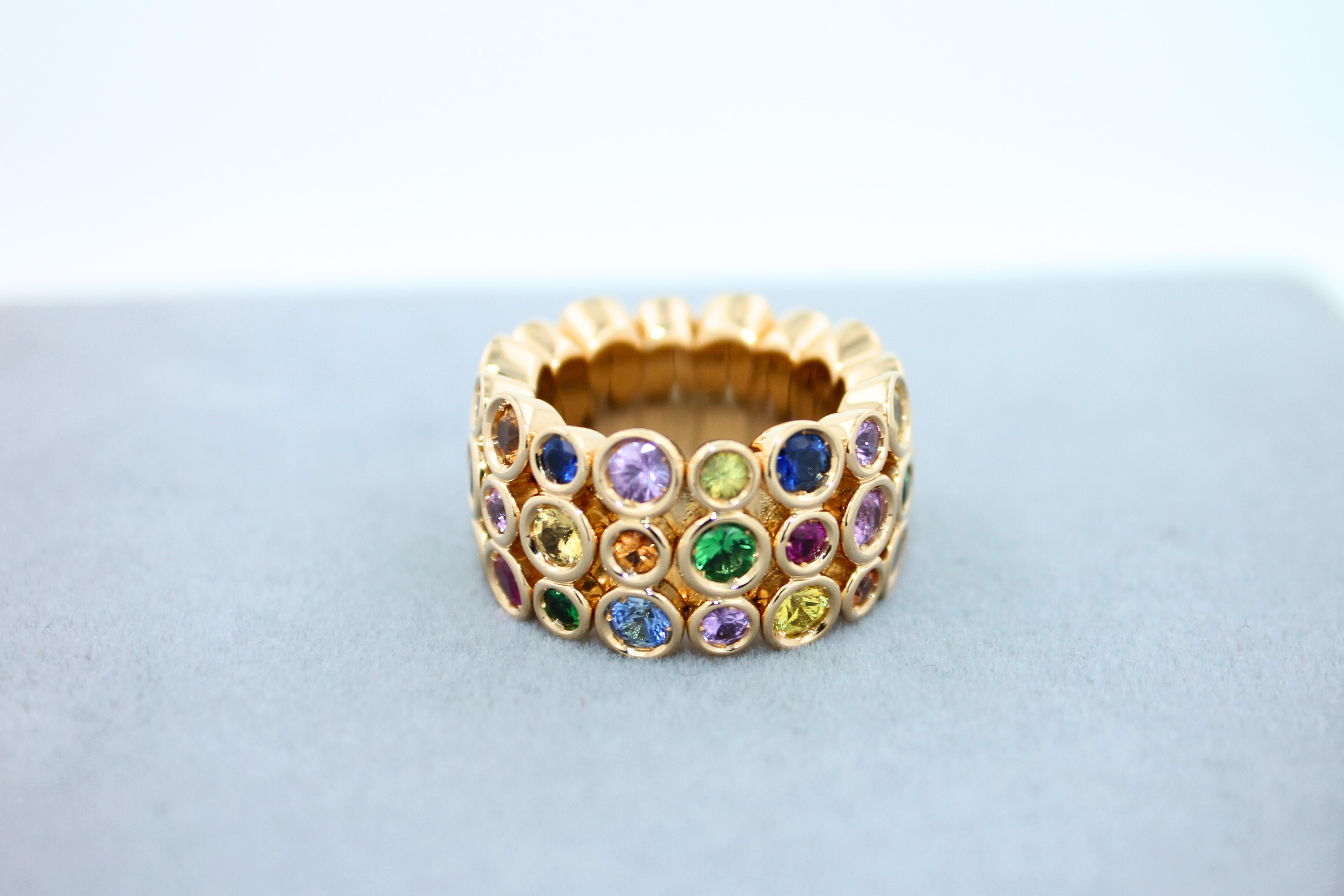 Modern Multicolor Rainbow Sapphire Gemstone Bezel Eternity Band 18K Yellow Gold Ring For Sale