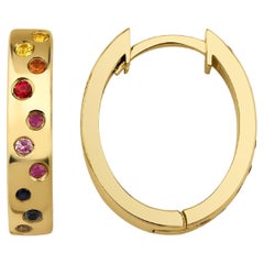 Multicolor Rainbow Sapphire Huggie Hoop Solid Gold Earrings