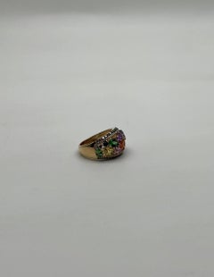 Multicolor Rainbow Sapphires Diamond 14K Yellow Gold Statement Dome Cluster Ring