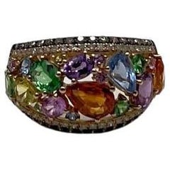 Multicolor Rainbow Sapphires Diamond 14K Yellow Gold Statement Dome Cluster Ring