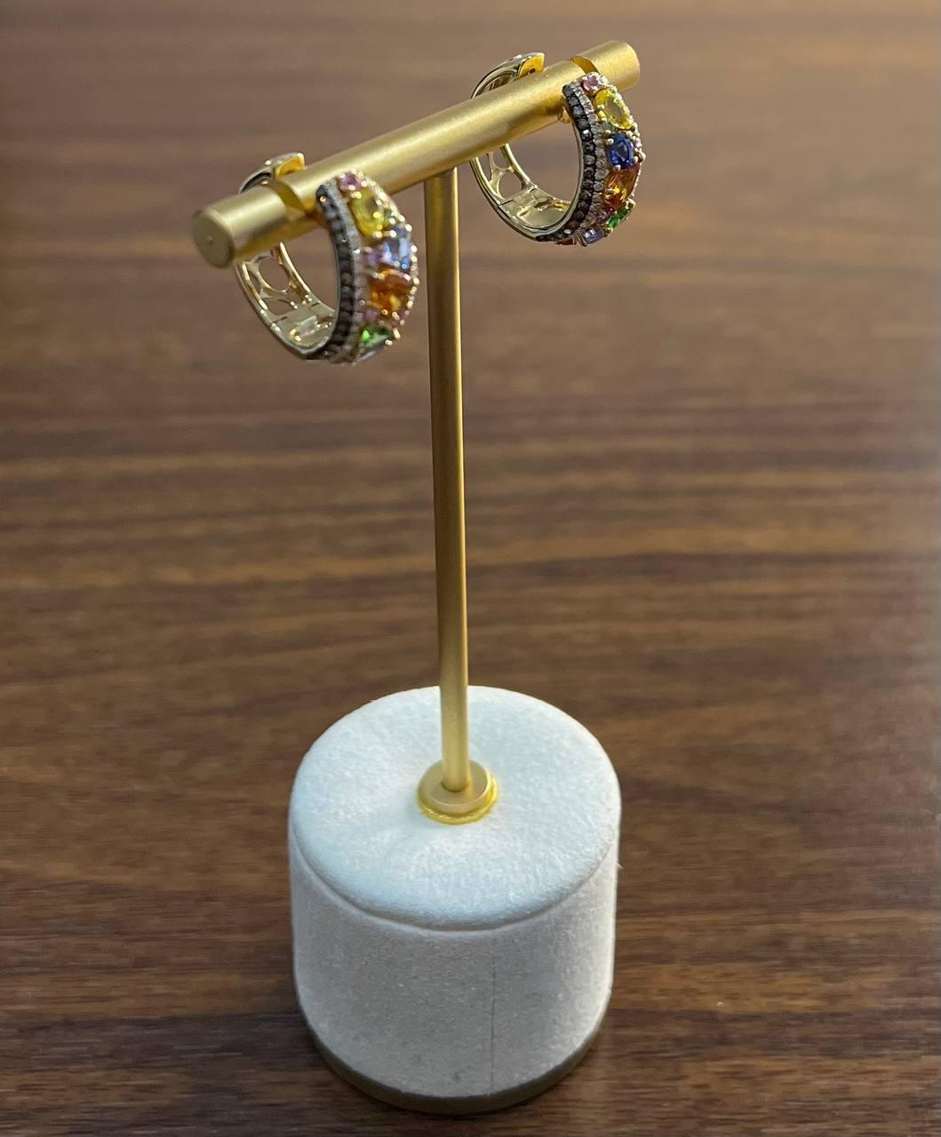Multicolor Rainbow Sapphires Diamonds Cluster Pave 14K Yellow Gold Earrings For Sale 1