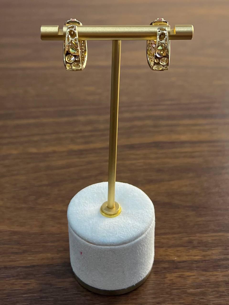 Multicolor Rainbow Sapphires Diamonds Cluster Pave 14K Yellow Gold Earrings For Sale 4