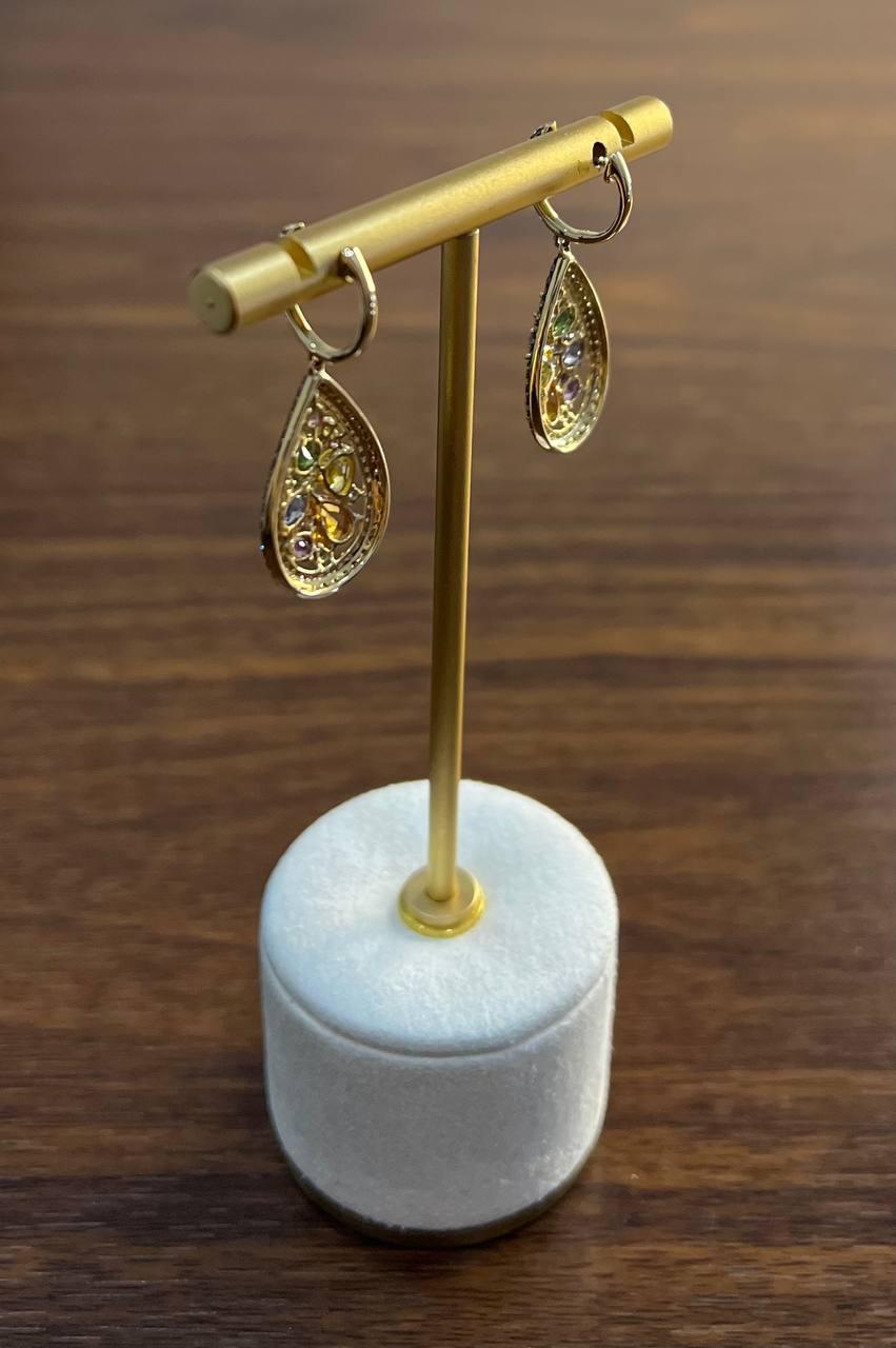 Multicolor Rainbow Sapphires Diamonds Halo 14K Yellow Gold Cluster Drop Earrings For Sale 5