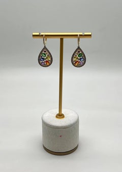 Multicolor Rainbow Sapphires Diamonds Halo 14K Yellow Gold Cluster Drop Earrings