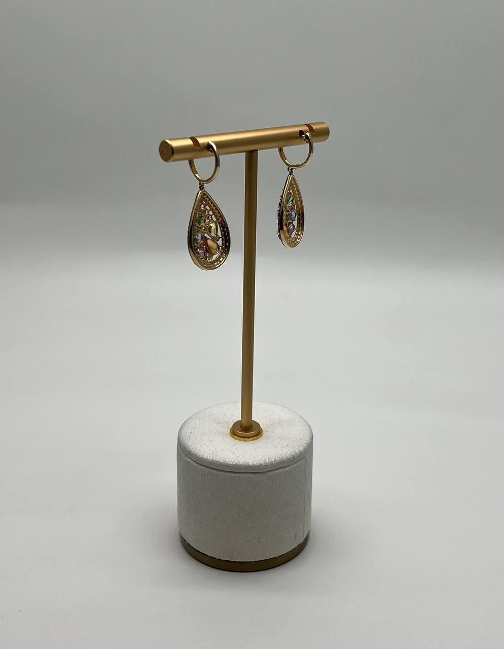 Multicolor Rainbow Sapphires Diamonds Halo 14K Yellow Gold Cluster Drop Earrings In New Condition For Sale In Oakton, VA