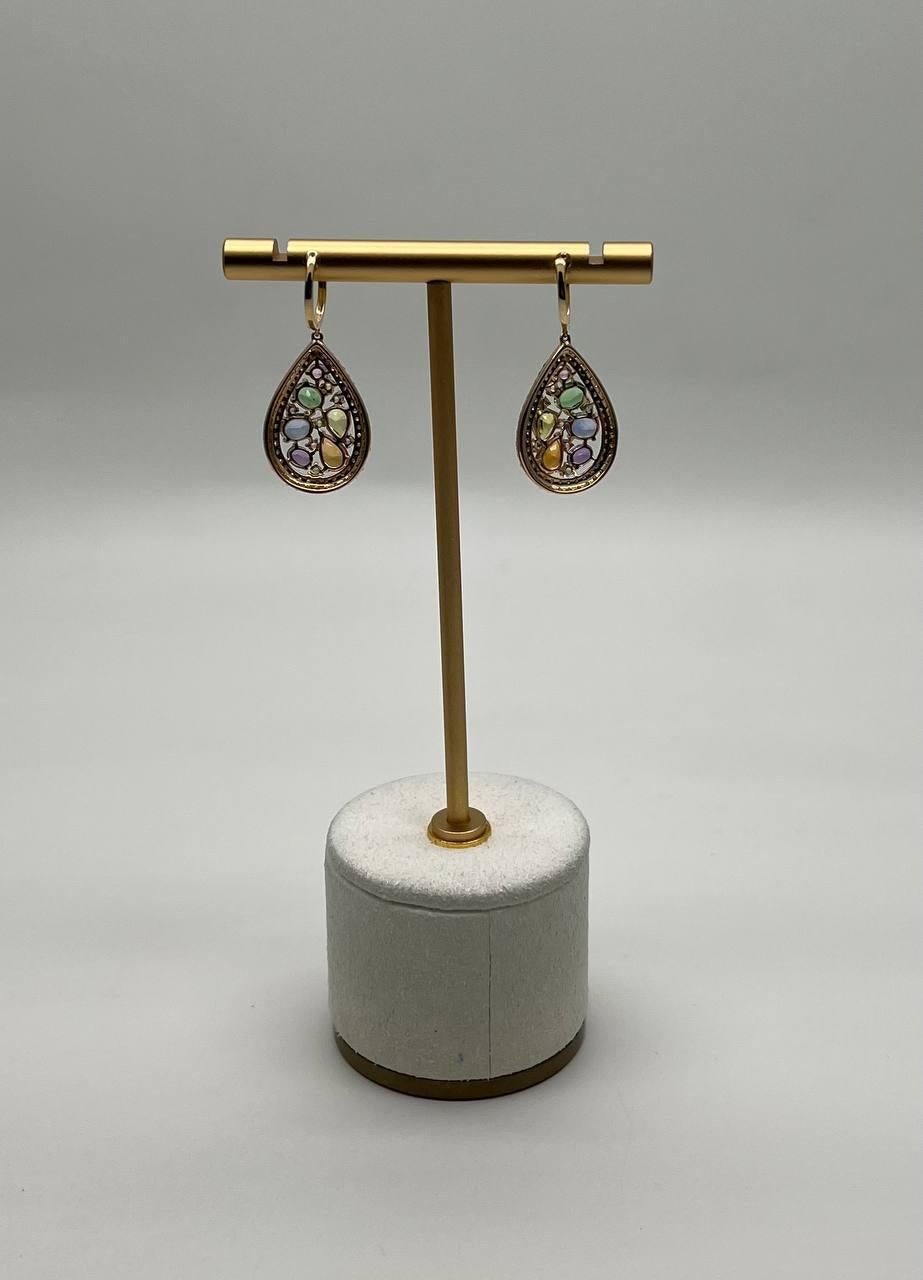 Women's Multicolor Rainbow Sapphires Diamonds Halo 14K Yellow Gold Cluster Drop Earrings For Sale