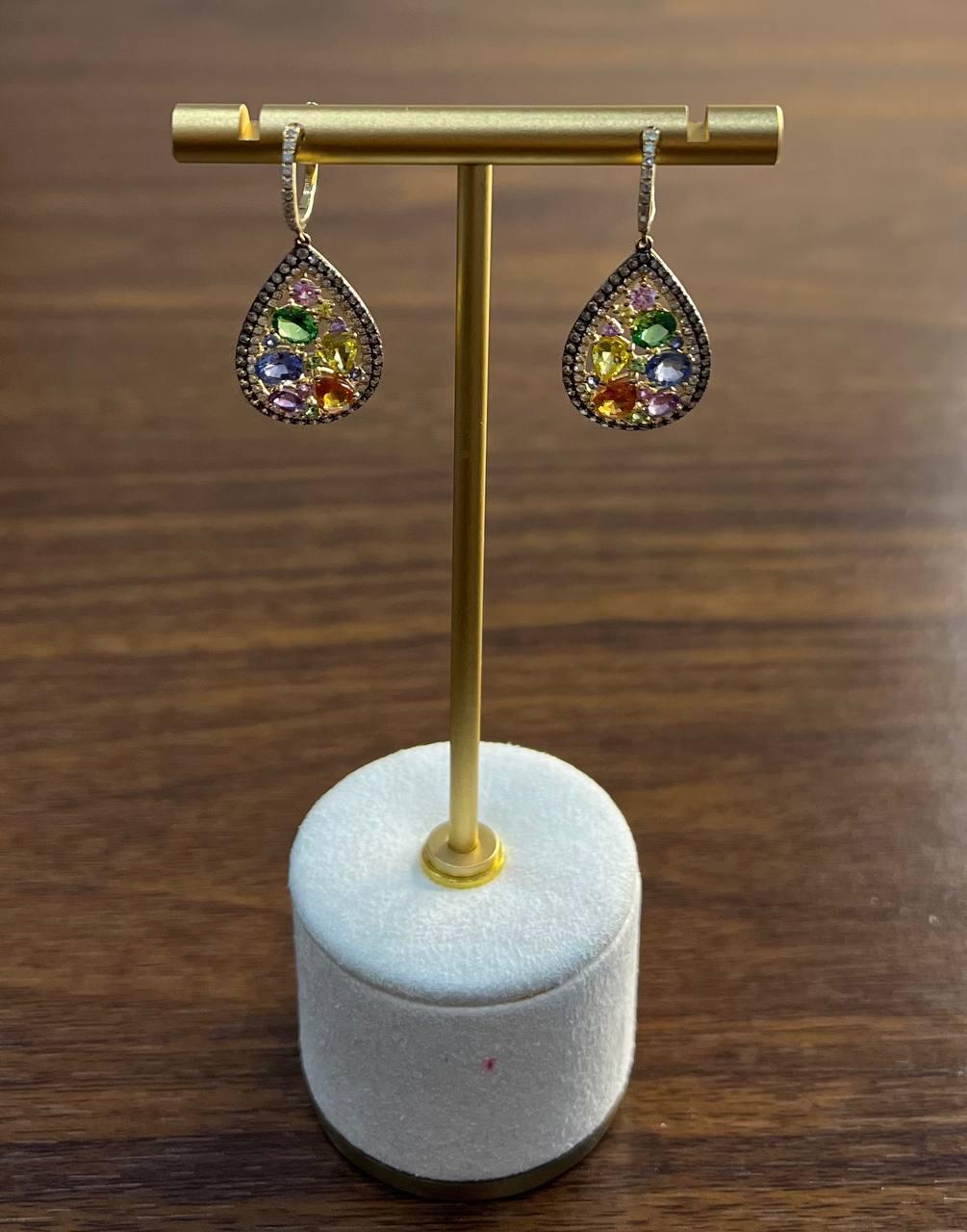 Multicolor Rainbow Sapphires Diamonds Halo 14K Yellow Gold Cluster Drop Earrings For Sale 1