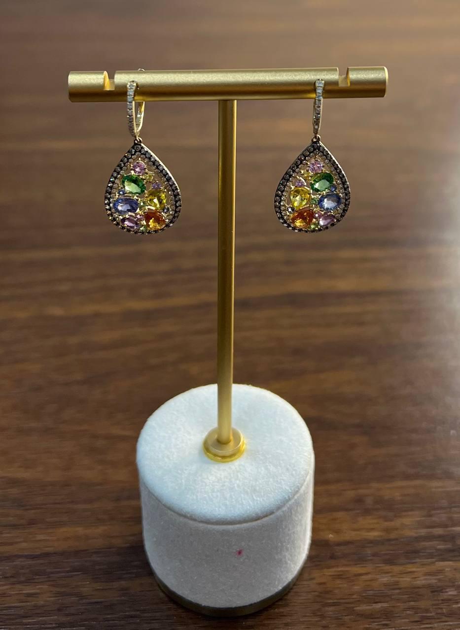 Multicolor Rainbow Sapphires Diamonds Halo 14K Yellow Gold Cluster Drop Earrings For Sale 3