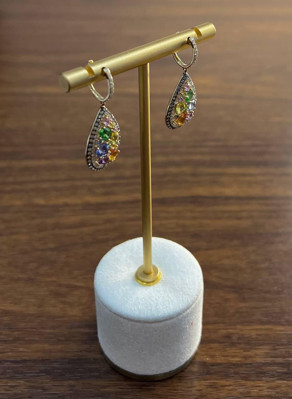 Multicolor Rainbow Sapphires Diamonds Halo 14K Yellow Gold Cluster Drop Earrings For Sale 4