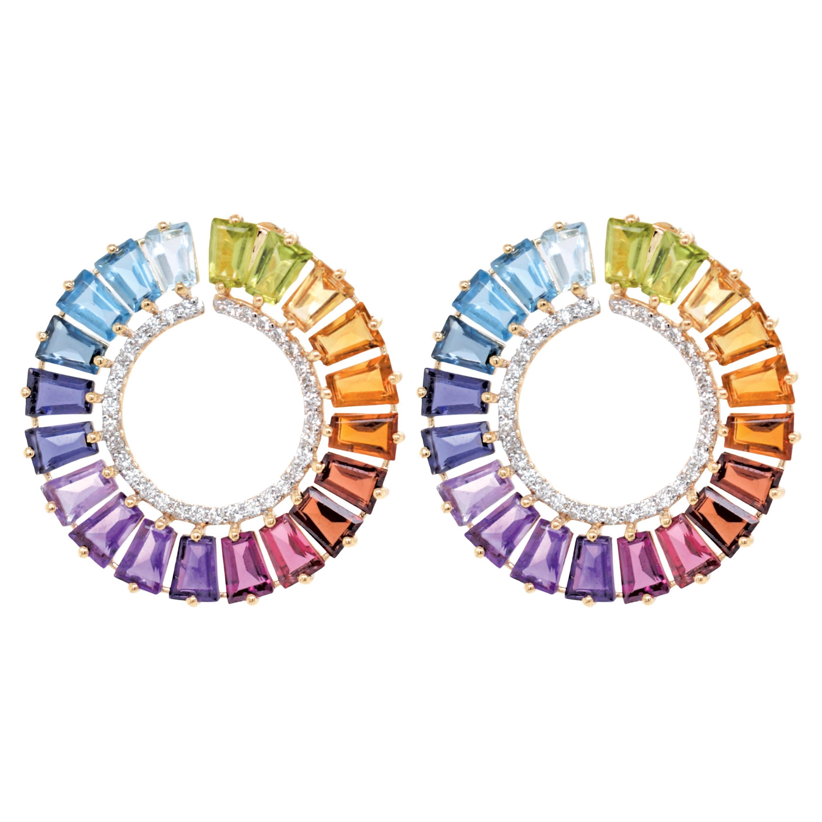 Multicolor Rainbow Topaz Citrine Amethyst Peridot Garnet Gold Circle Earrings For Sale