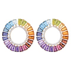 Multicolor Rainbow Topaz Citrine Amethyst Peridot Garnet Gold Circle Earrings