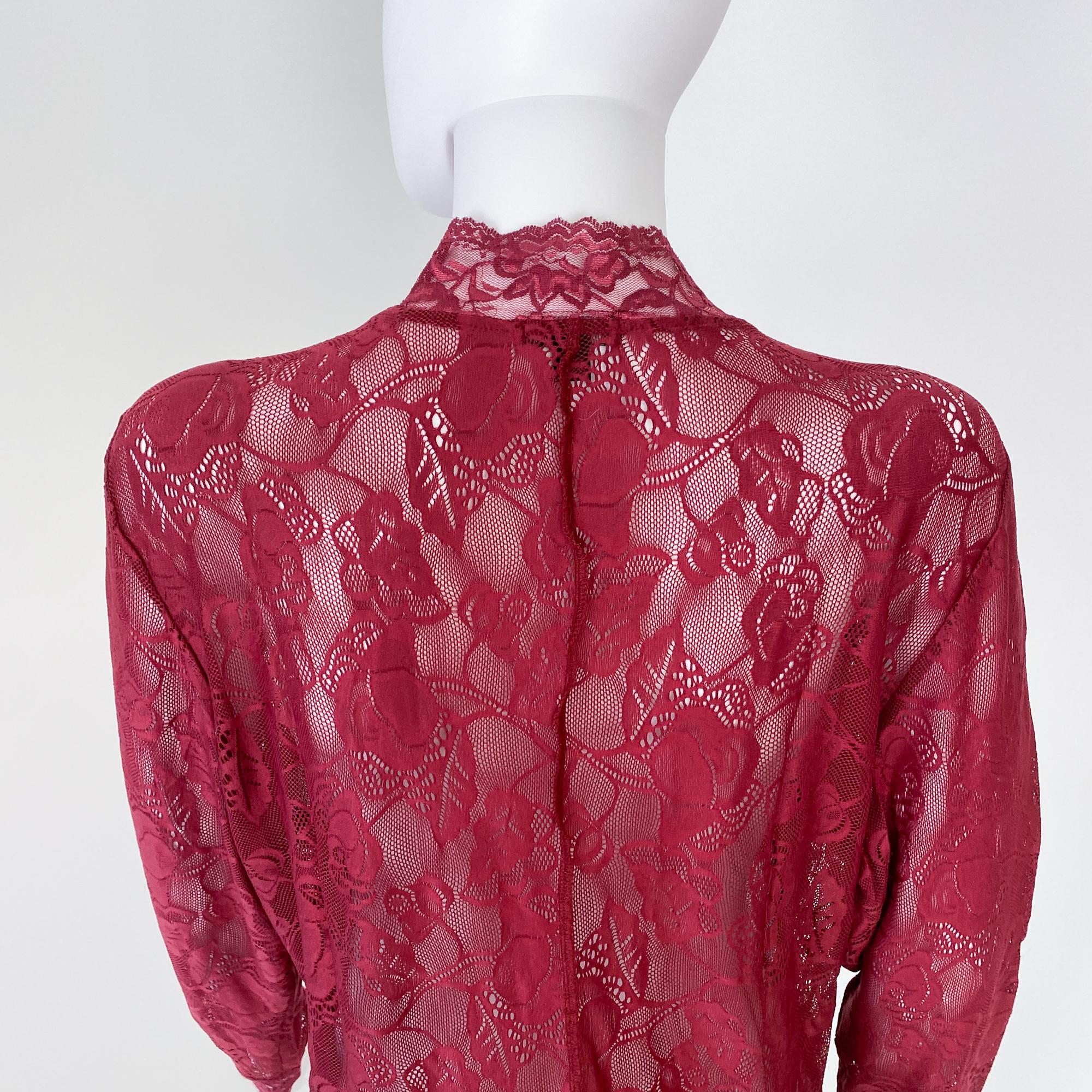 Multicolor Red Print Zipped Cardigan Sweater with Velvet and Sheer Lace Size XL For Sale 5