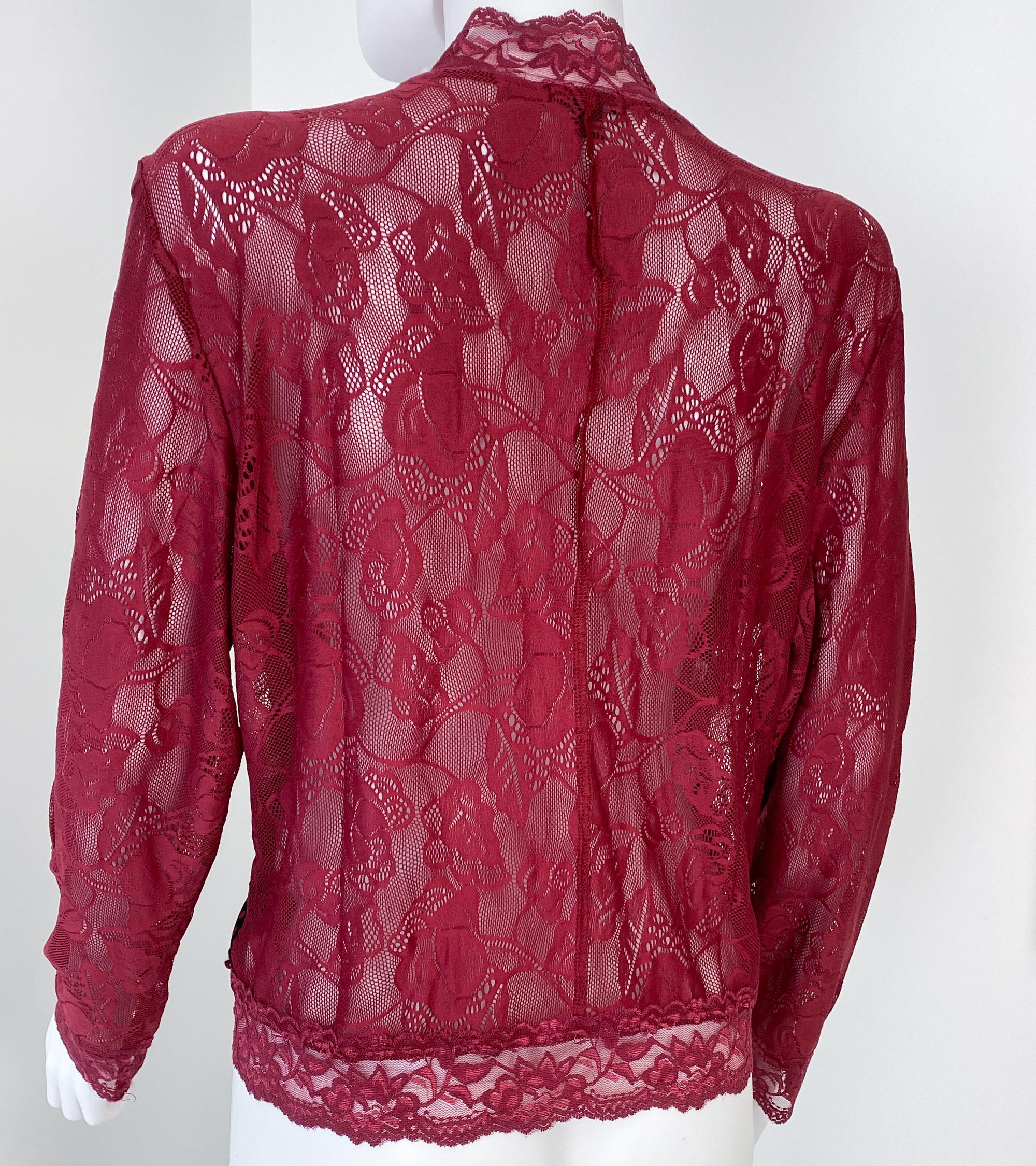 Multicolor Red Print Zipped Cardigan Sweater with Velvet and Sheer Lace Size XL For Sale 6