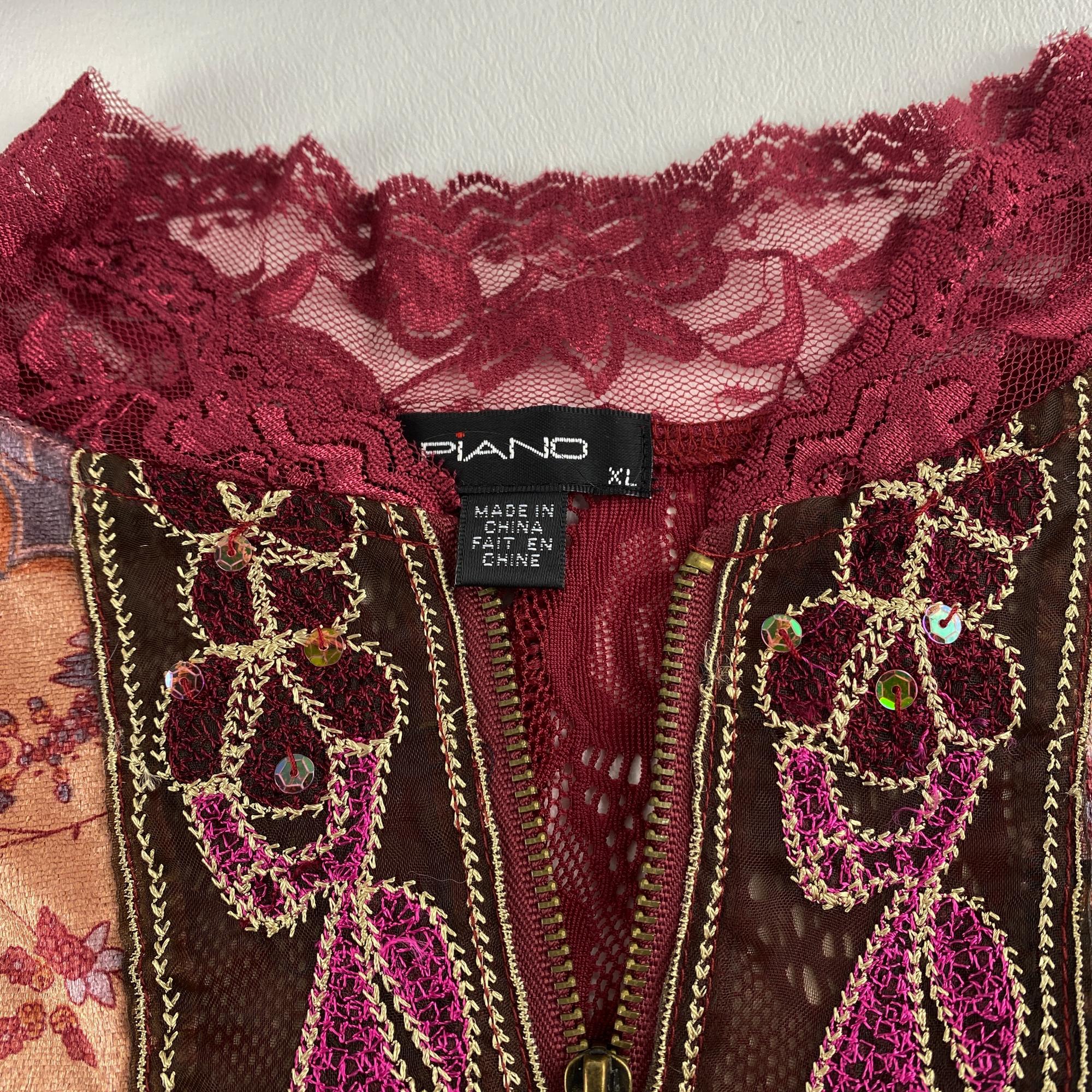 Multicolor Red Print Zipped Cardigan Sweater with Velvet and Sheer Lace Size XL For Sale 7