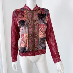 Multicolor Red Print Zipped Cardigan Sweater with Velvet and Sheer Lace Size XL