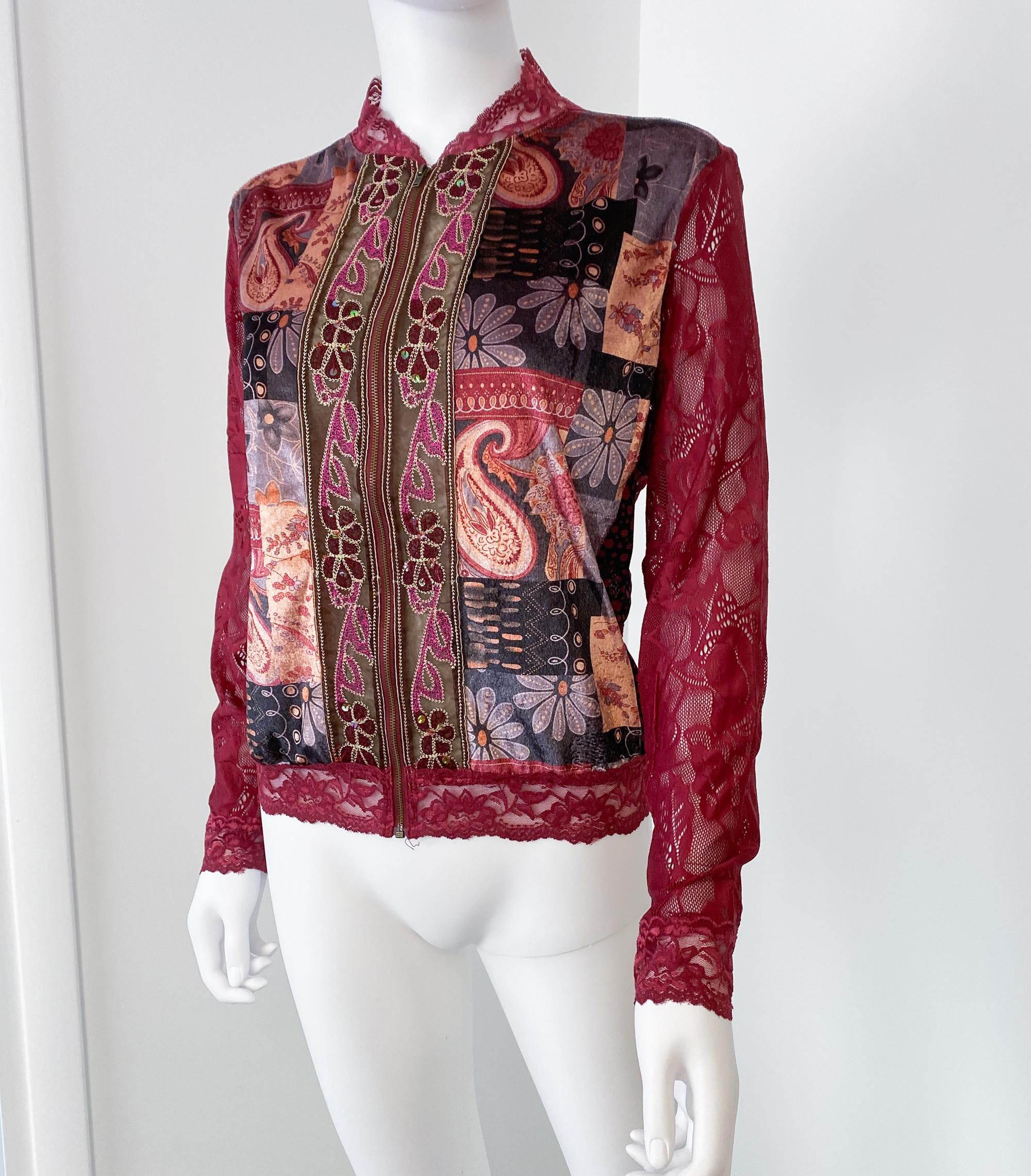 Brown Multicolor Red Print Zipped Cardigan Sweater with Velvet and Sheer Lace Size XL For Sale