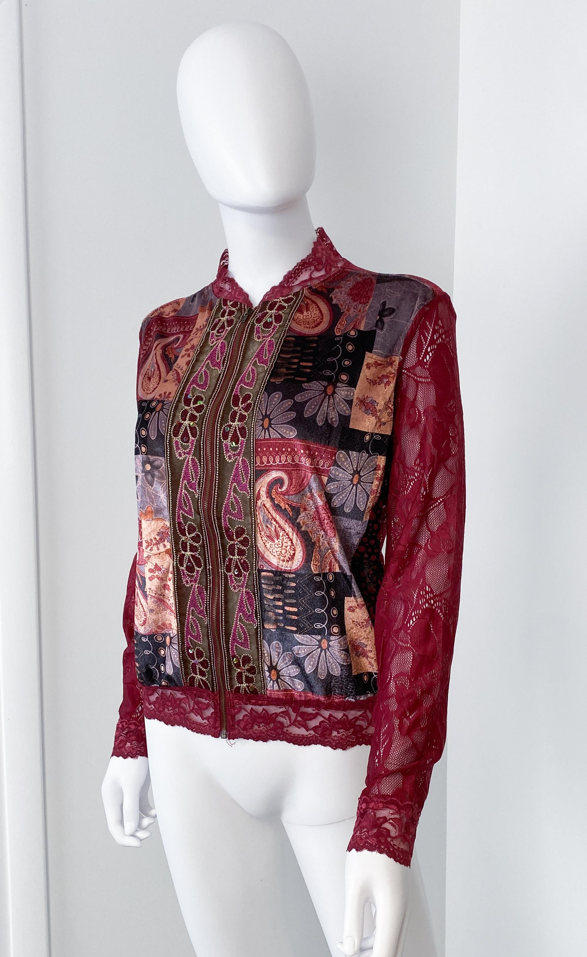 Women's Multicolor Red Print Zipped Cardigan Sweater with Velvet and Sheer Lace Size XL For Sale