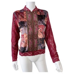Multicolor Red Print Zipped Cardigan Sweater with Velvet and Sheer Lace Size XL