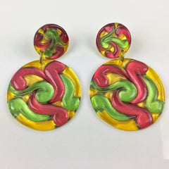 Multicolor Red, Yellow and Green Lucite Disk Dangling Clip-on Earrings