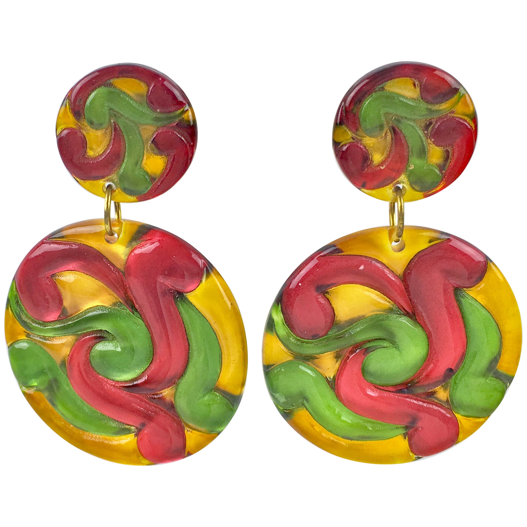Pendientes de clip colgantes con disco de lucita multicolor rojo, amarillo y verde