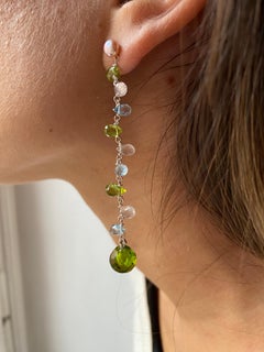 Orecchini a goccia in oro 18k con quarzo rosa multicolore, topazio blu e peridoto