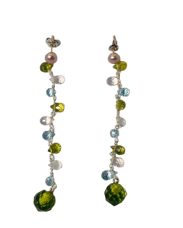 Multicolor Rose Quartz Blue Topaz Peridot 18k Gold Dangle Drops Earrings For Sale 2