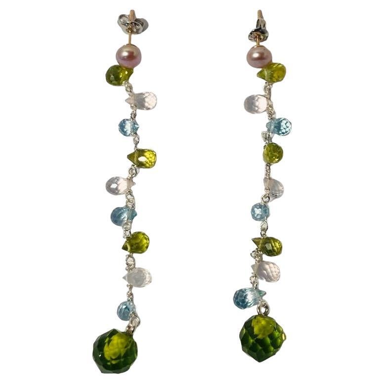 Multicolor Rose Quartz Blue Topaz Peridot 18k Gold Dangle Drops Earrings For Sale