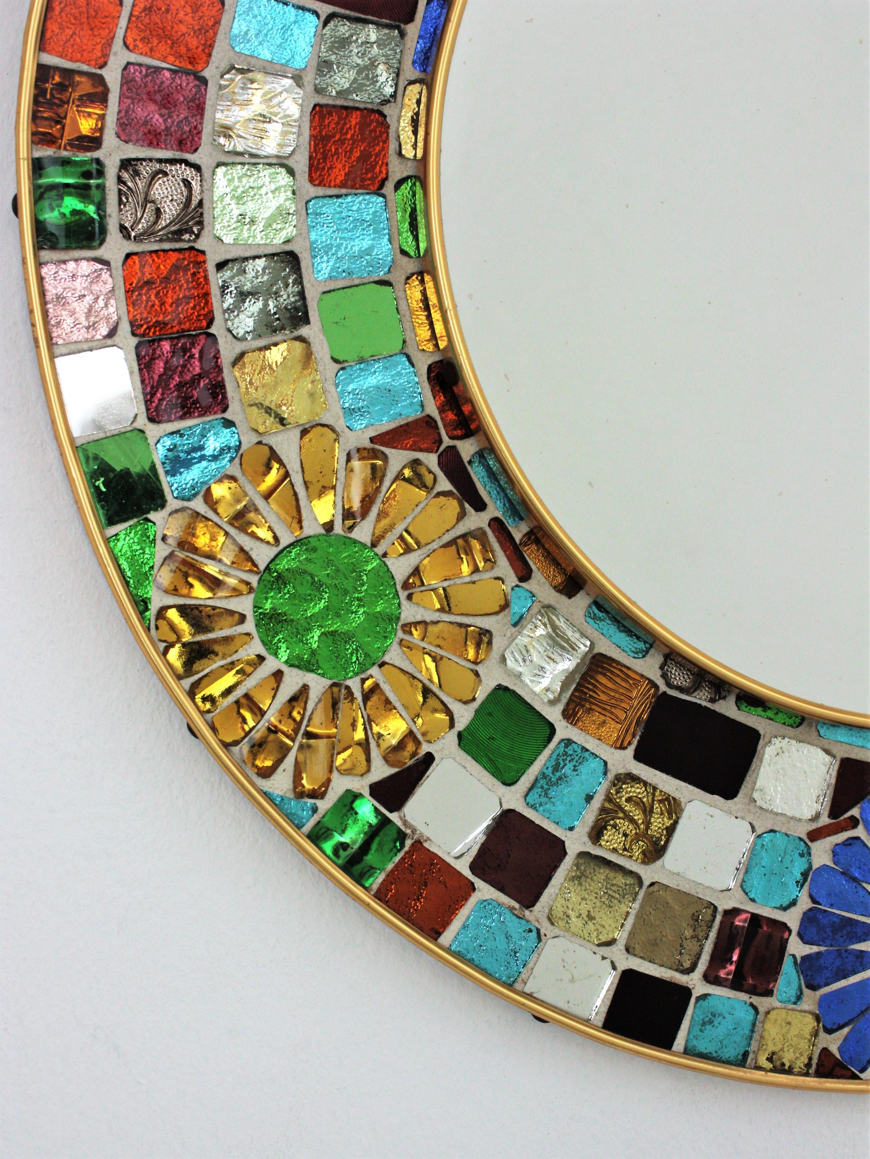 20th Century Multicolor Round Wall Mirror with Glass Mosaic Frame and Flower Accents