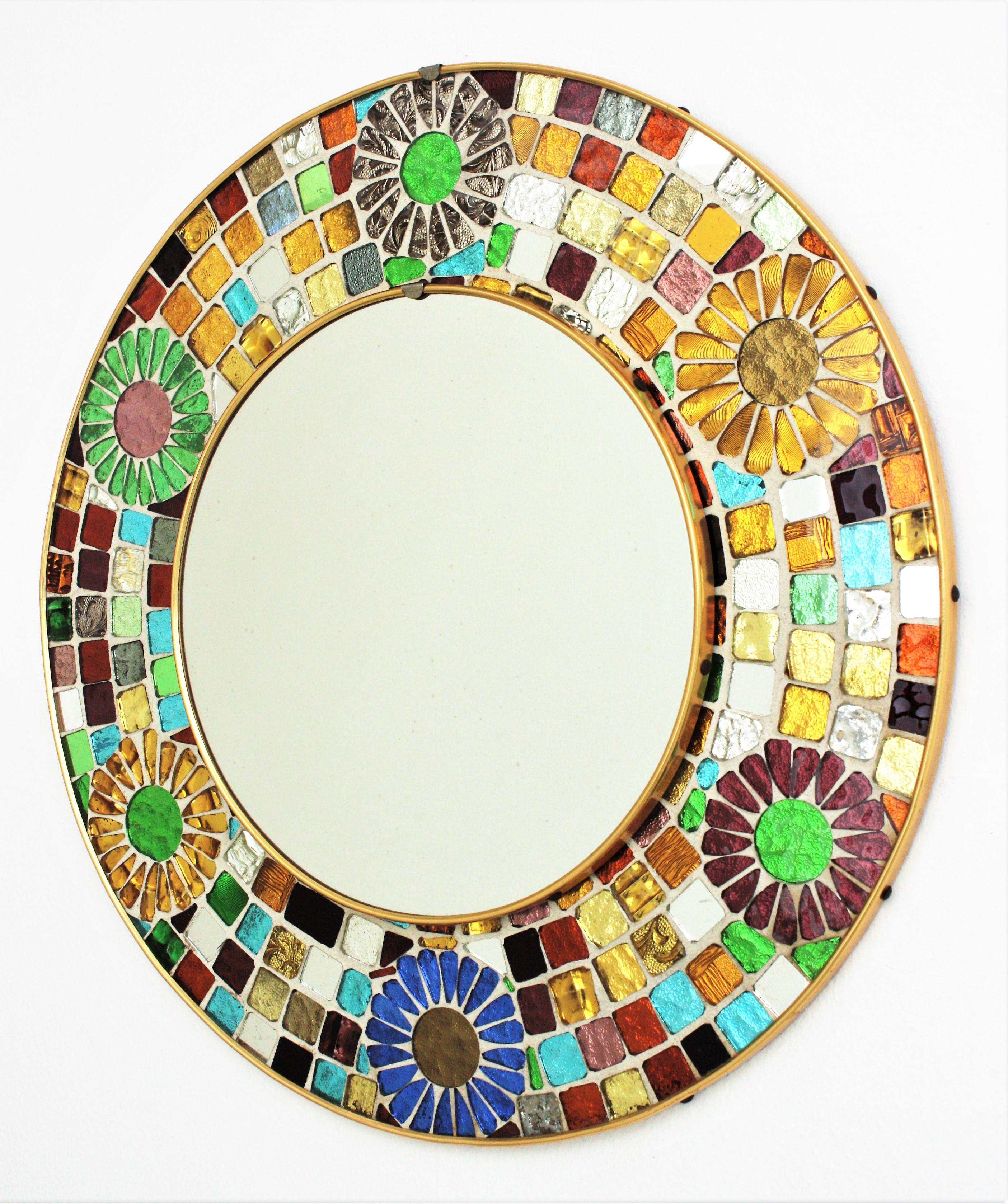 Multicolor Round Wall Mirror with Glass Mosaic Frame and Flower Accents 3