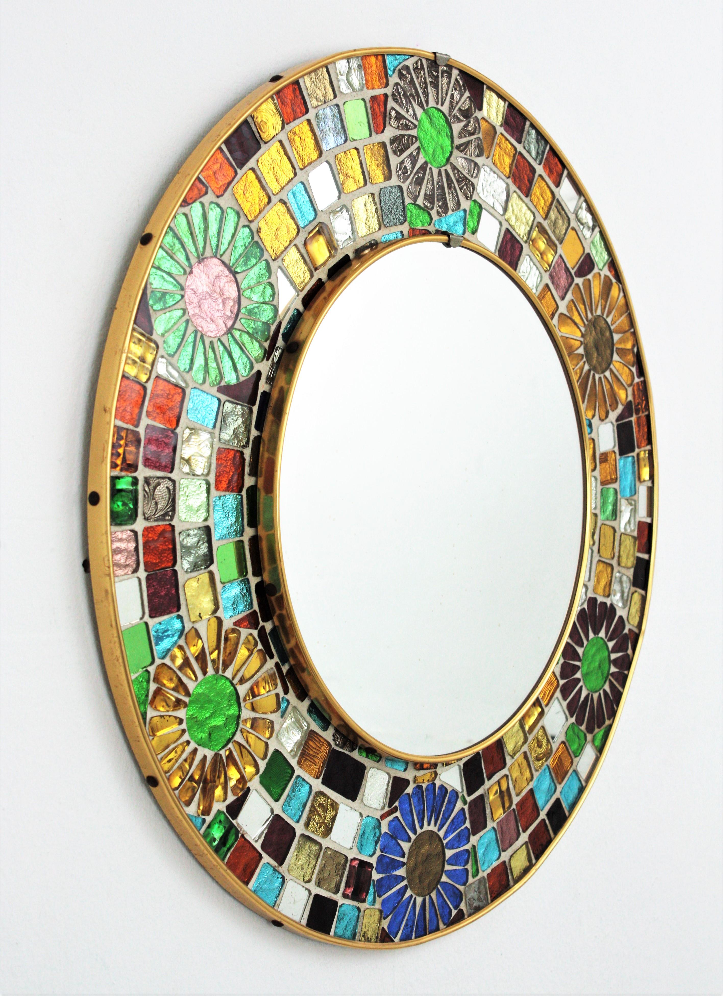 Mid-Century Modern Multicolor Round Wall Mirror with Glass Mosaic Frame and Flower Accents