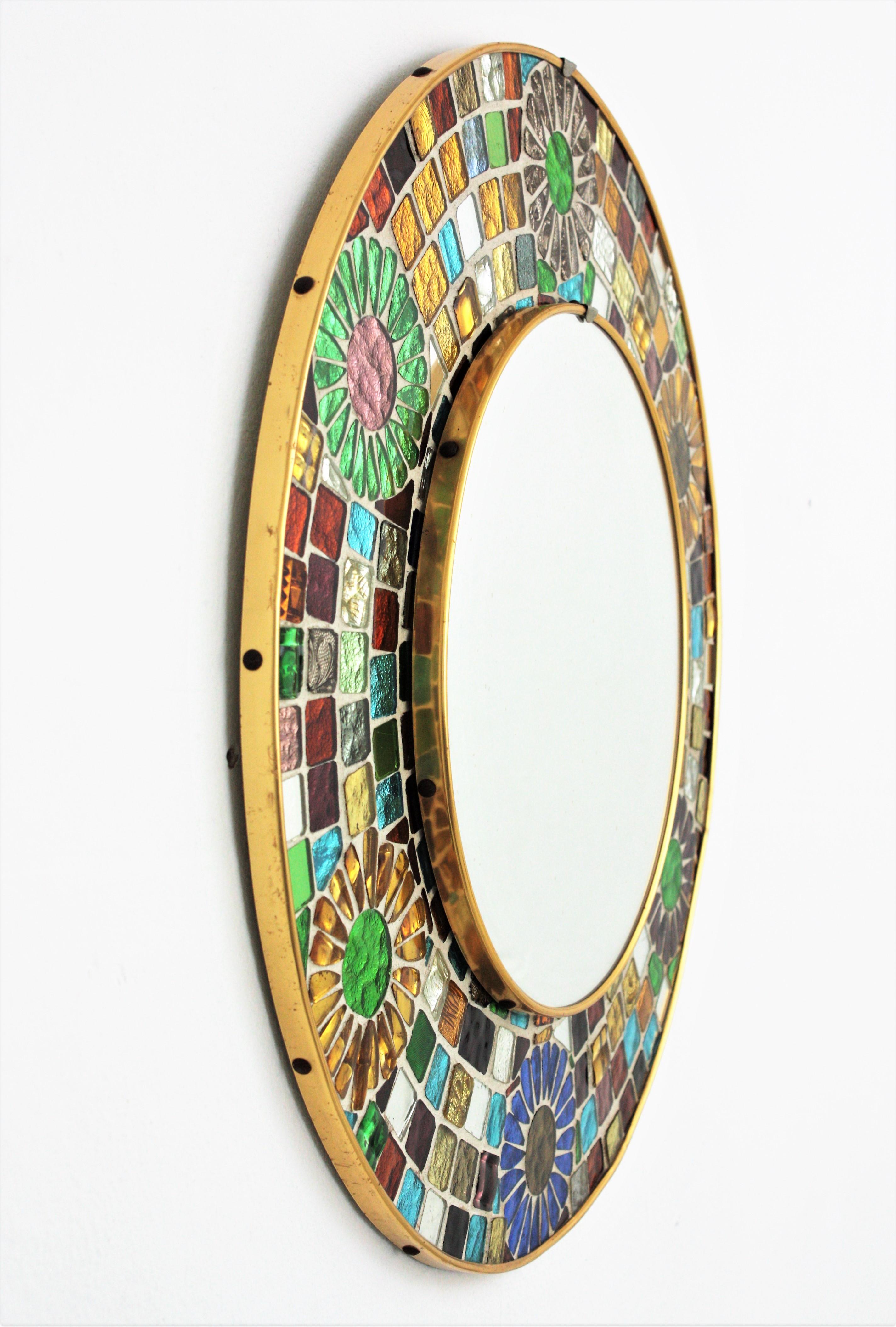 Spanish Multicolor Round Wall Mirror with Glass Mosaic Frame and Flower Accents