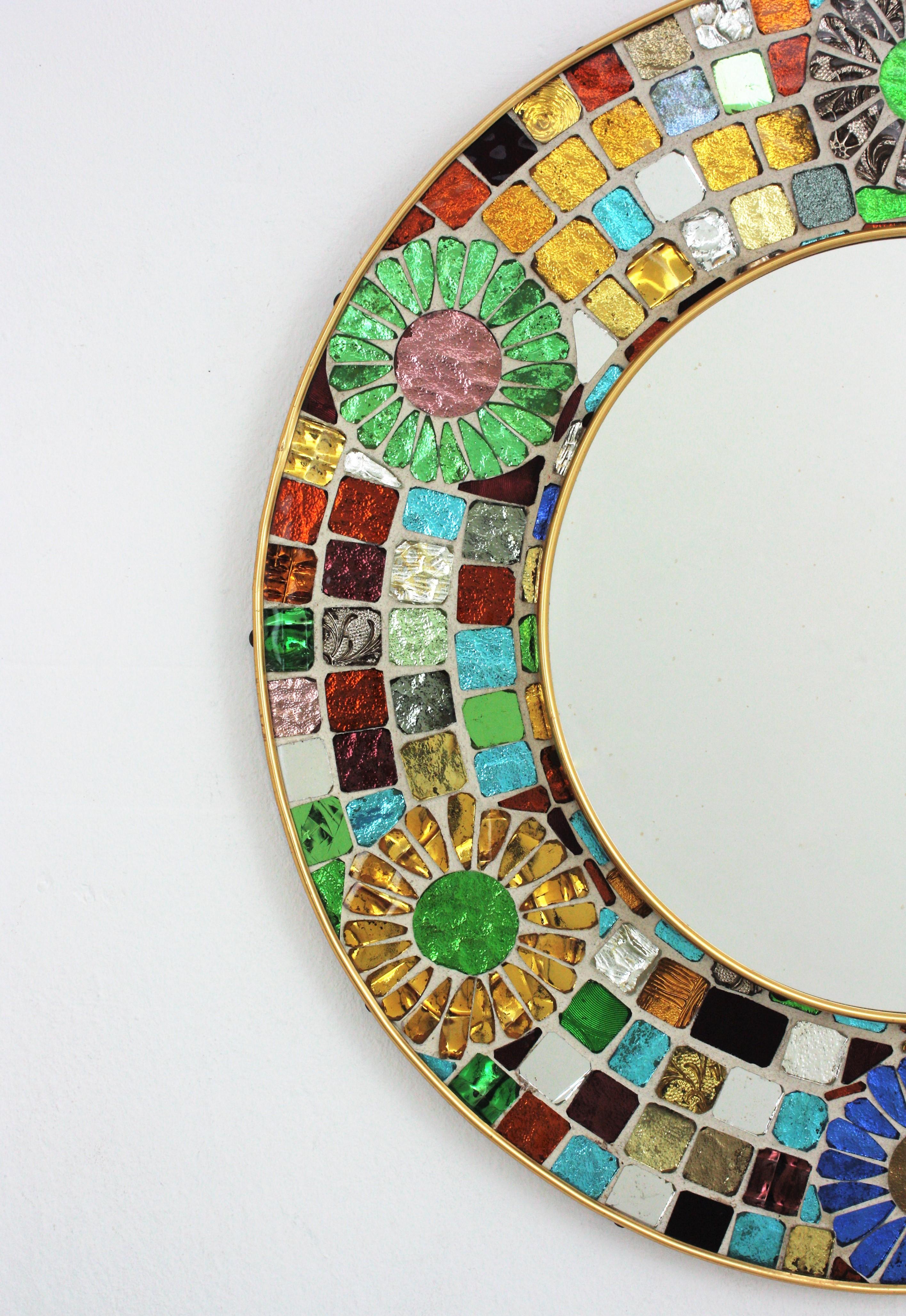 Silvered Multicolor Round Wall Mirror with Glass Mosaic Frame and Flower Accents