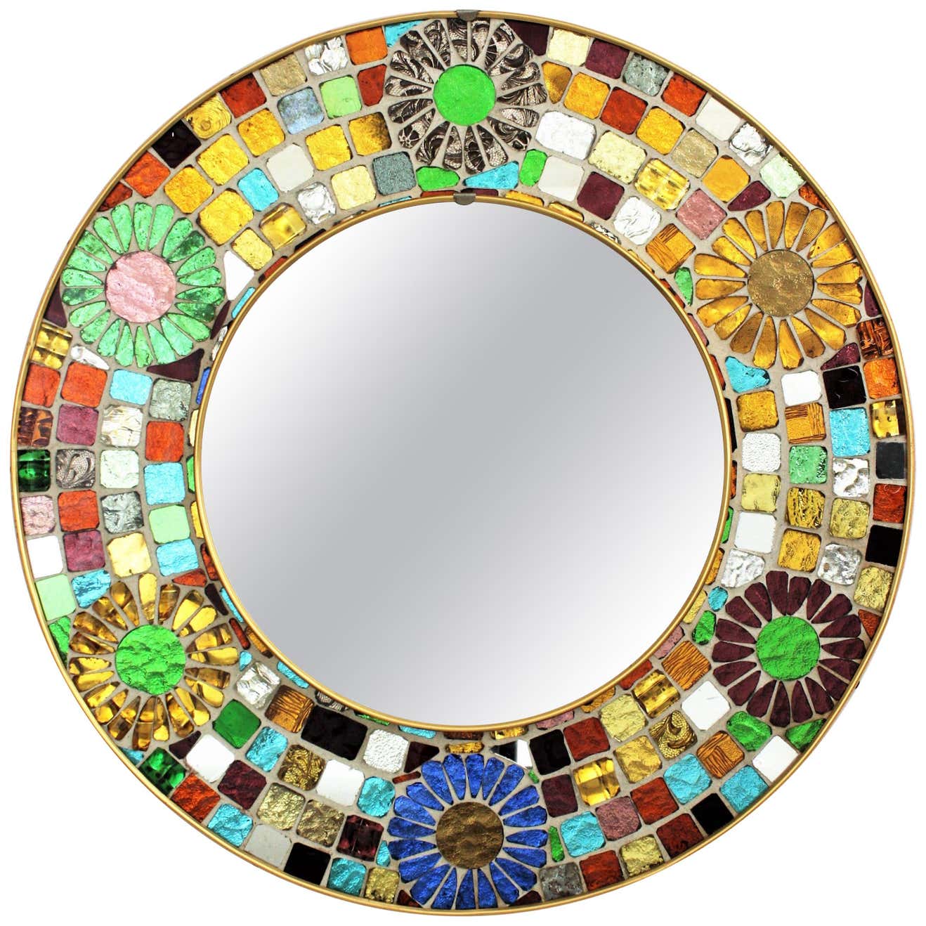 Multicolor Round Wall Mirror with Glass Mosaic Frame and Flower Accents ...