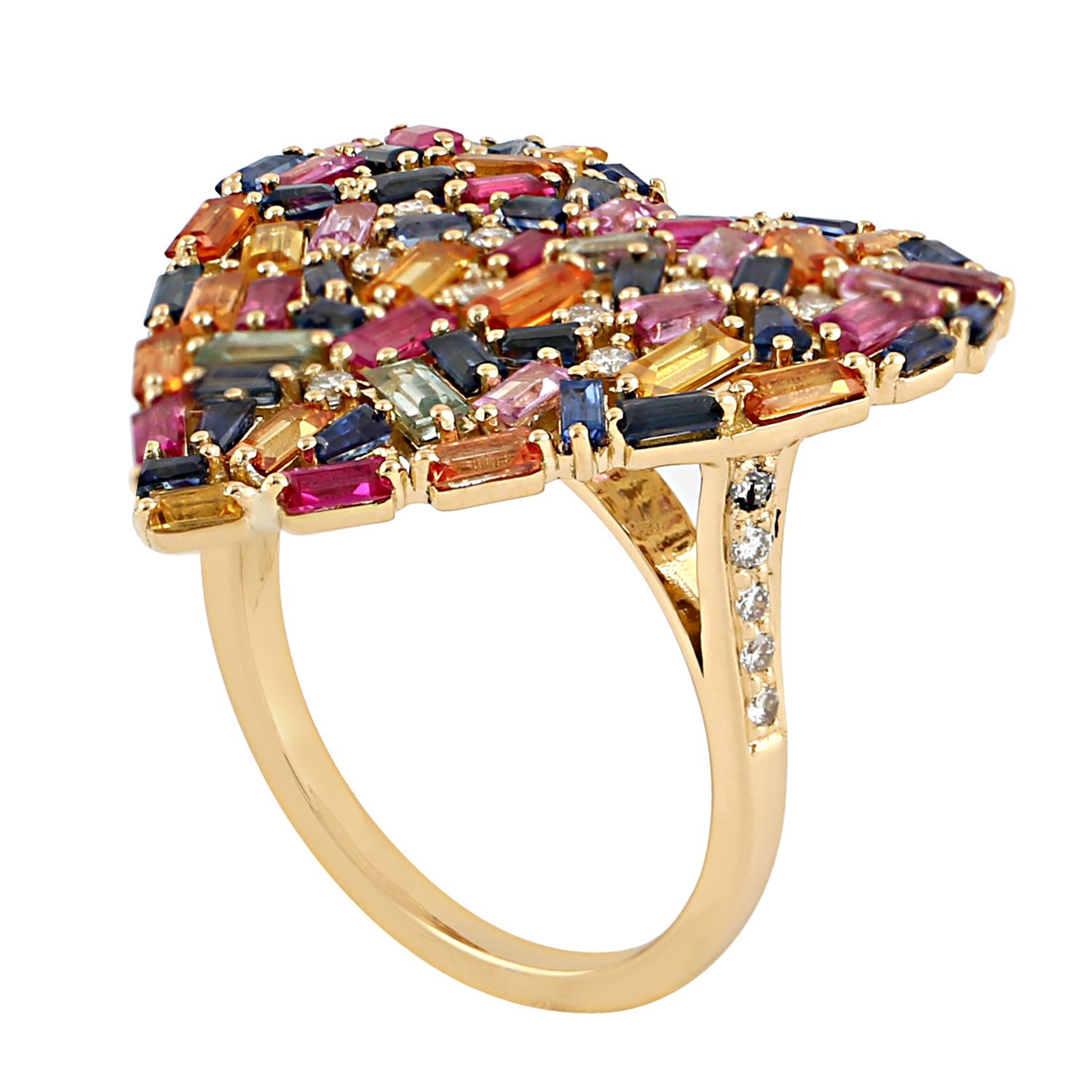 Women's Multicolor Ruby & Sapphire Baguette Heart Shape Ring With Diamonds In 18k Gold For Sale