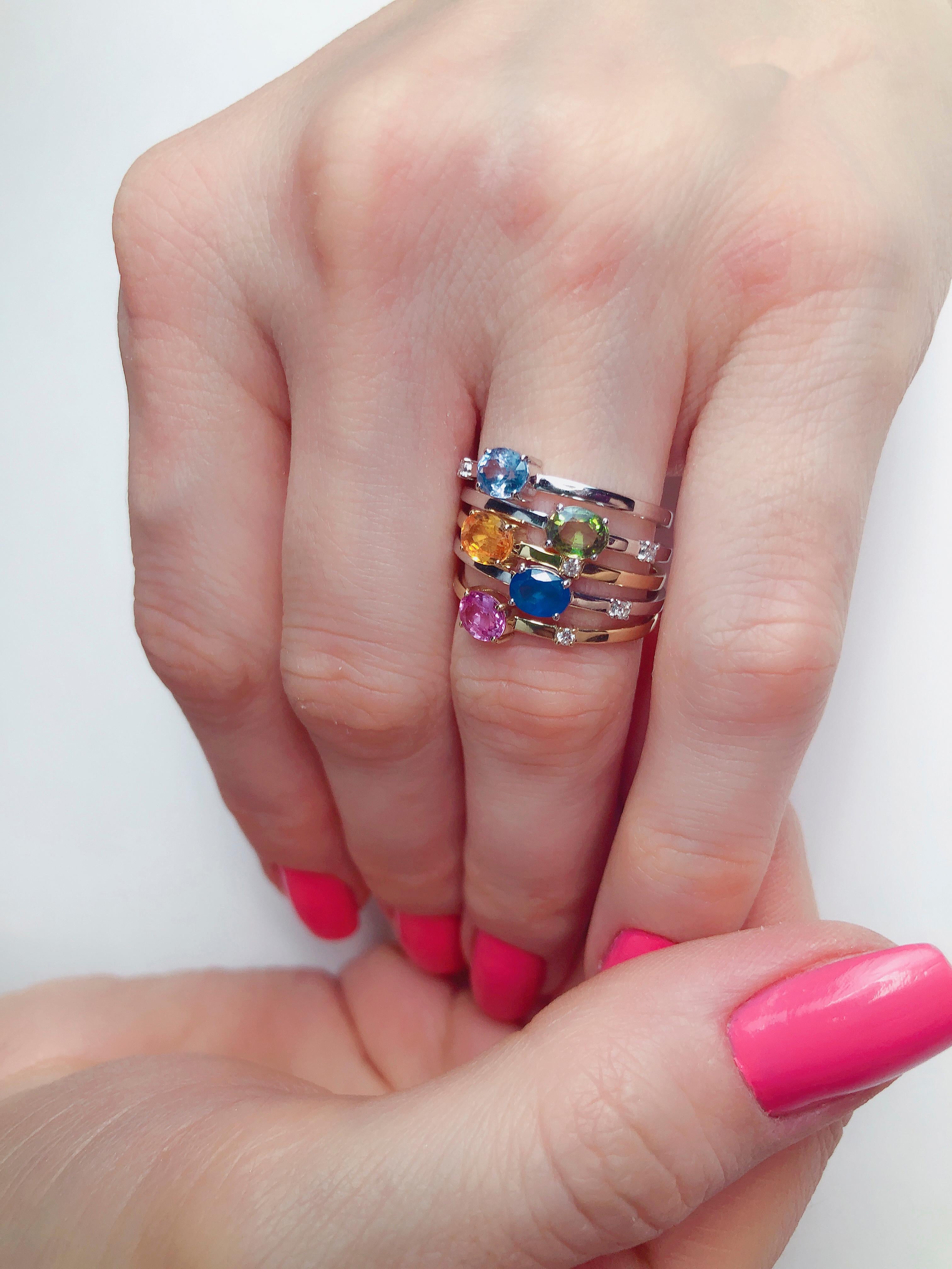 Women's Multicolor sapphire 14k gold ring set.  For Sale