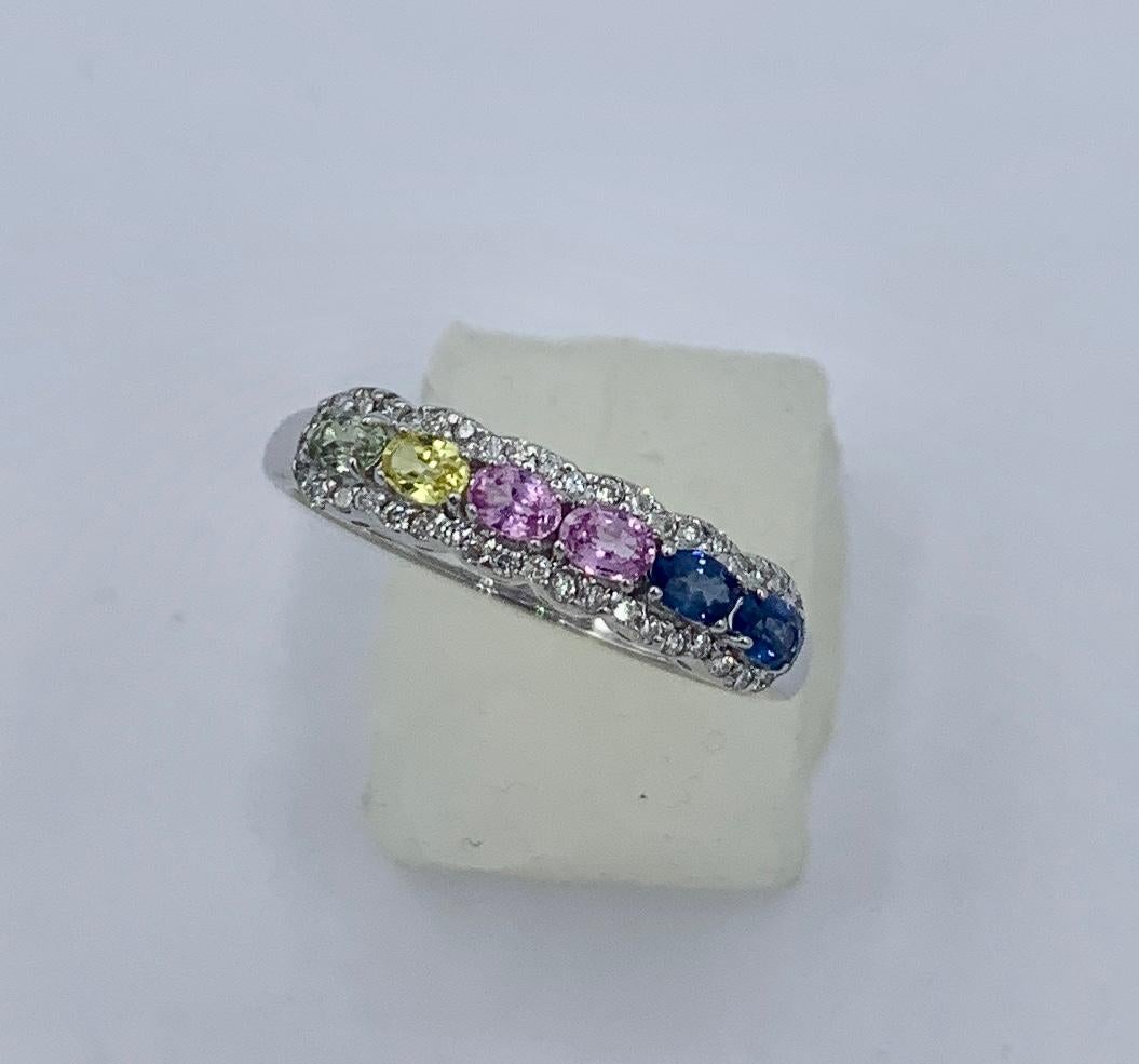 Contemporary Multicolor Sapphire 32 Diamond Ring Lavender Blue Orange Pink Yellow Sapphires