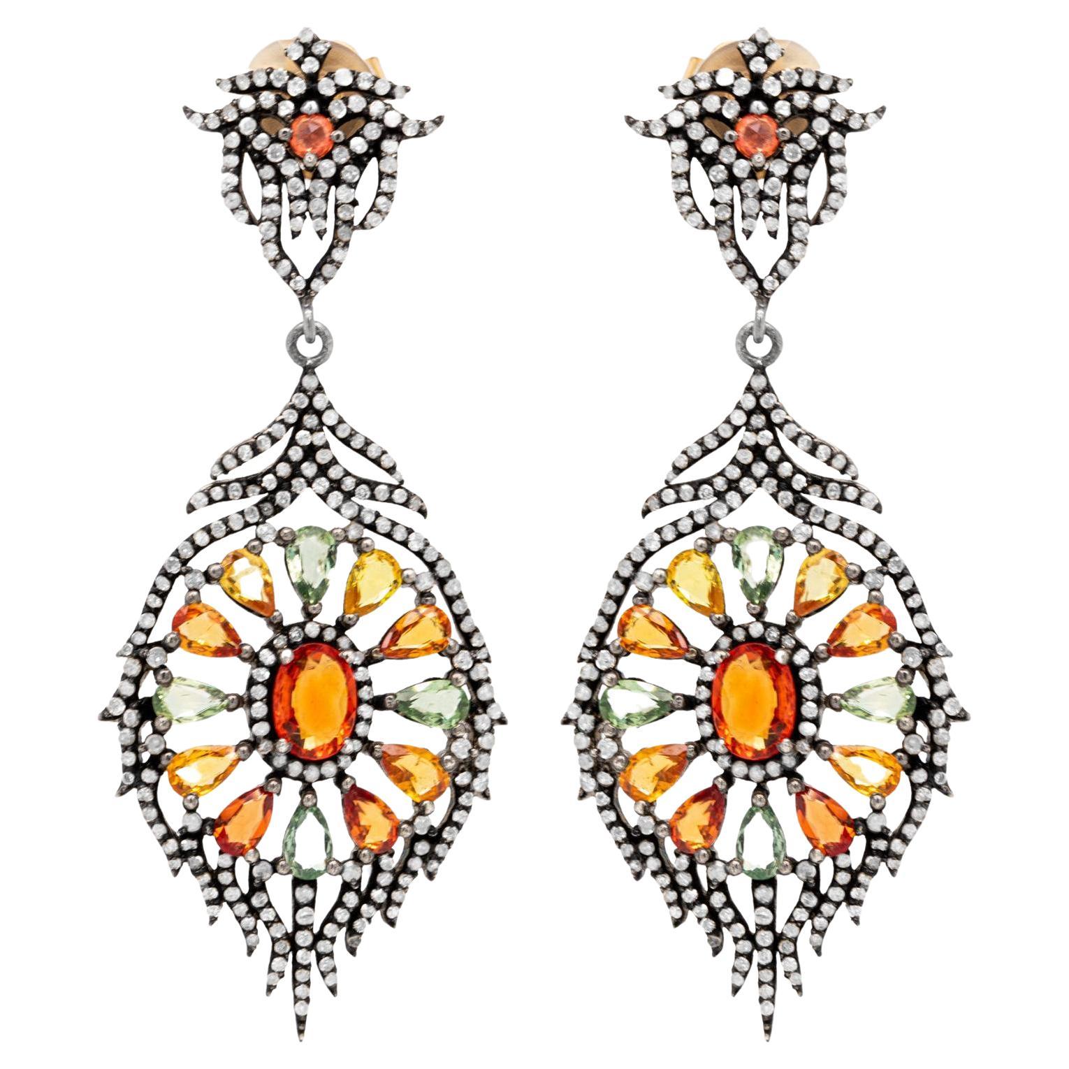 Multicolor Sapphire 8 Carats Total Earrings with Diamonds Silver