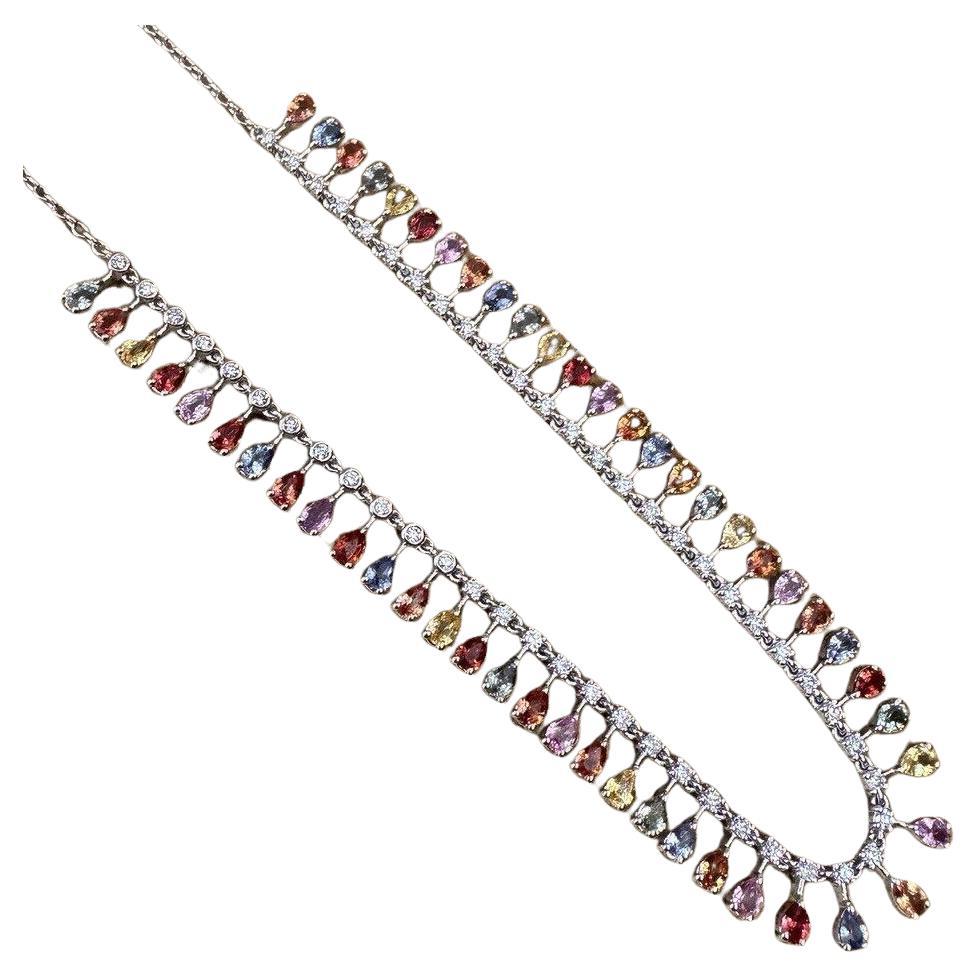 Multicolor Sapphire and Diamond Drop Choker Necklace in 18k White Gold