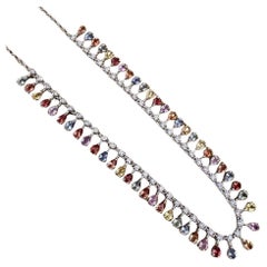 Multicolor Sapphire and Diamond Drop Choker Necklace in 18k White Gold