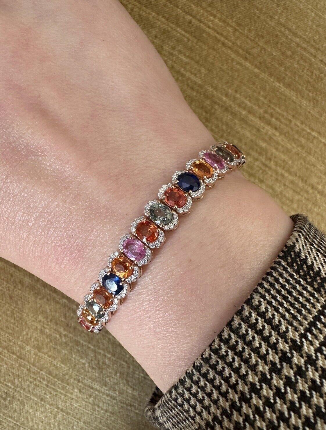 Oval Cut Multicolor Sapphire and Diamond Line Tennis Bracelet in 18k Rose Gold For Sale