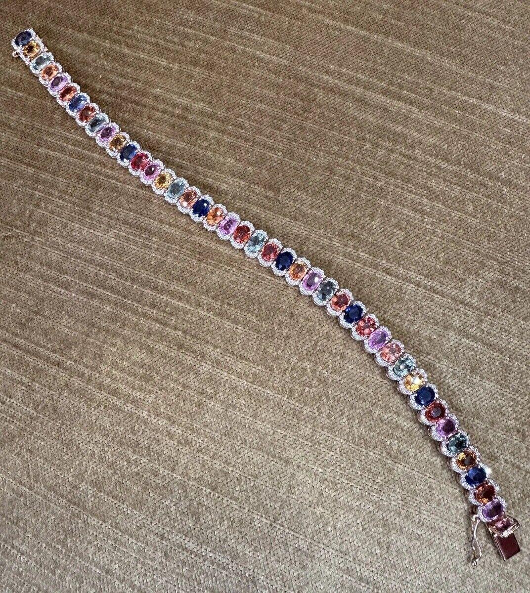 Multicolor Sapphire and Diamond Line Tennis Bracelet in 18k Rose Gold In Excellent Condition For Sale In La Jolla, CA