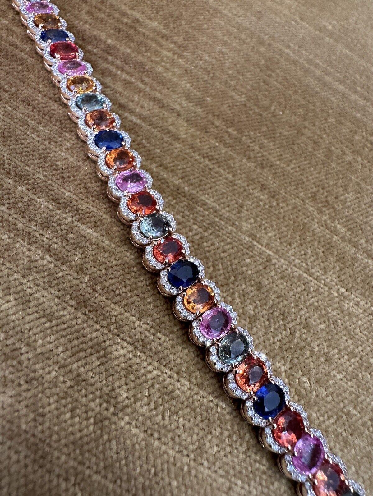 Women's Multicolor Sapphire and Diamond Line Tennis Bracelet in 18k Rose Gold For Sale