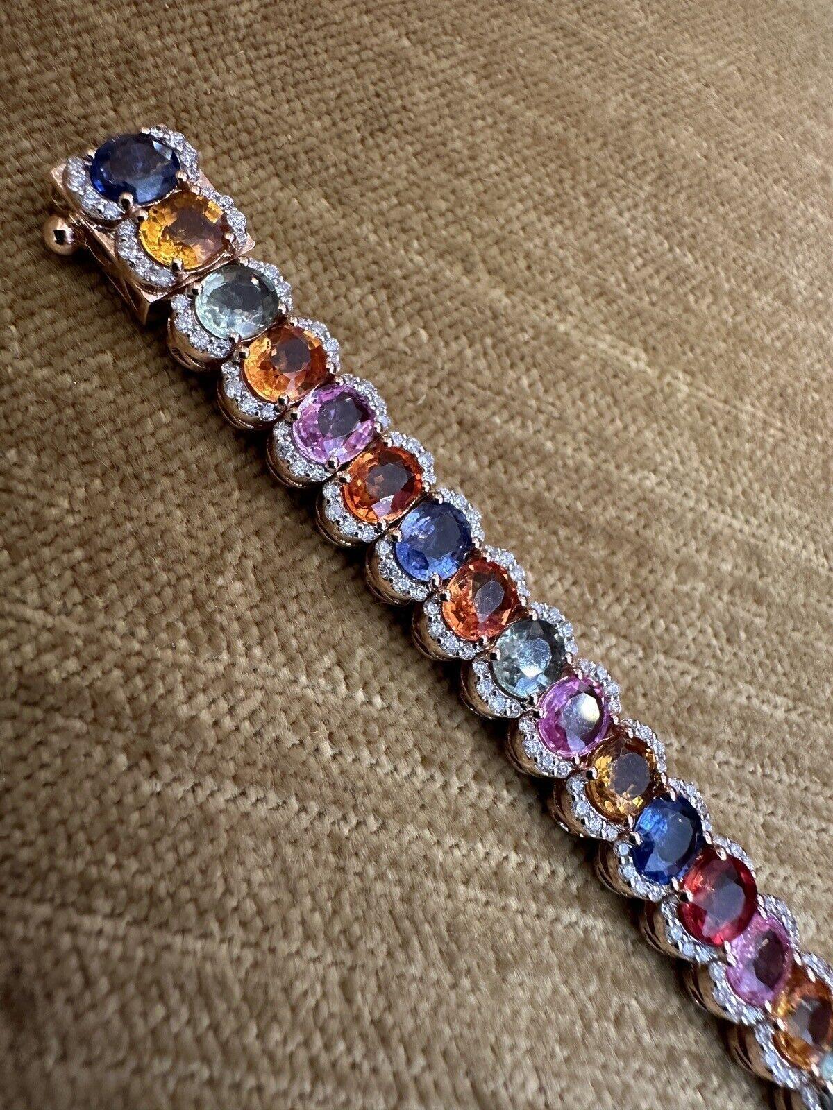 Multicolor Sapphire and Diamond Line Tennis Bracelet in 18k Rose Gold For Sale 1