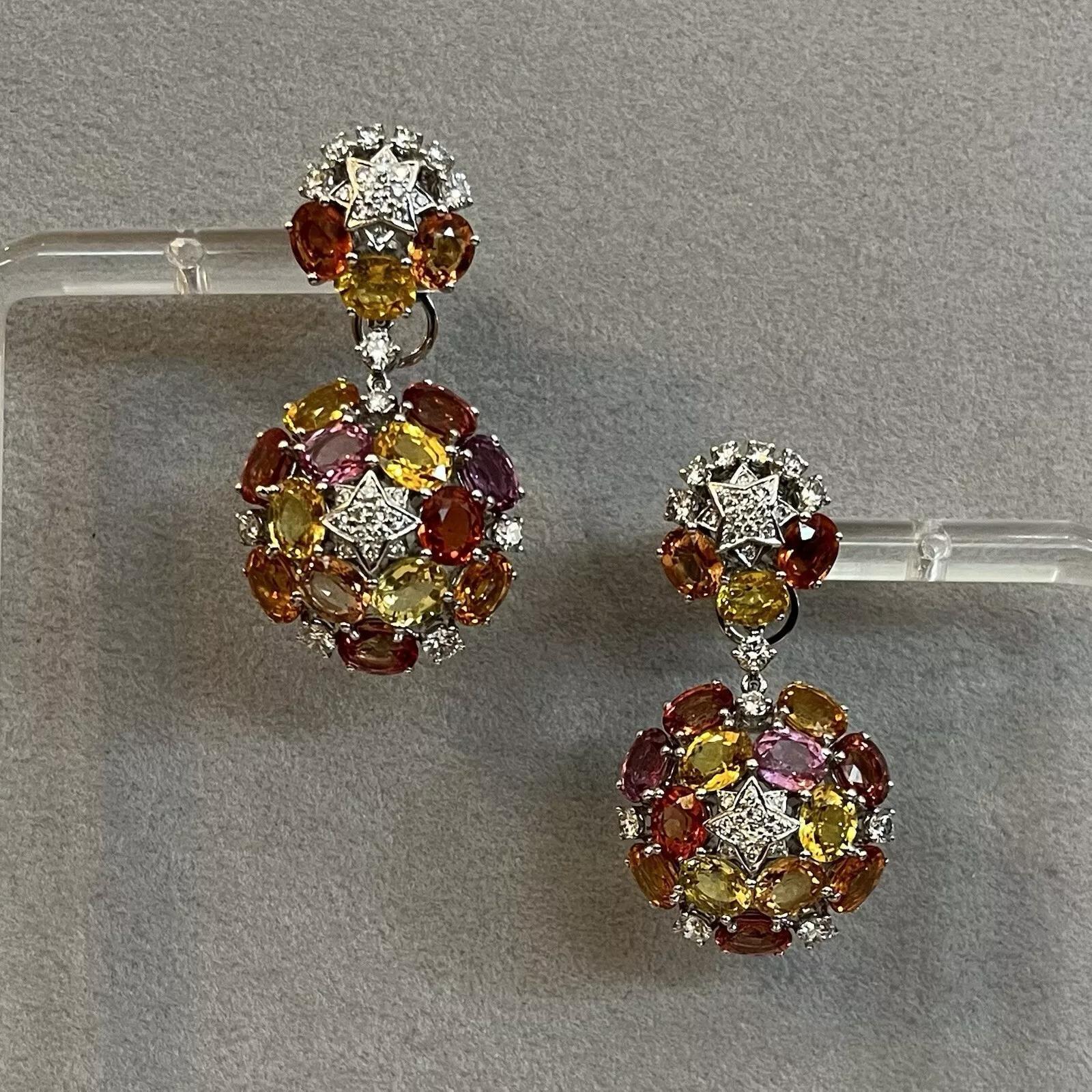 Round Cut Multicolor Sapphire and Diamond Star Drop Earrings in 18k White Gold For Sale