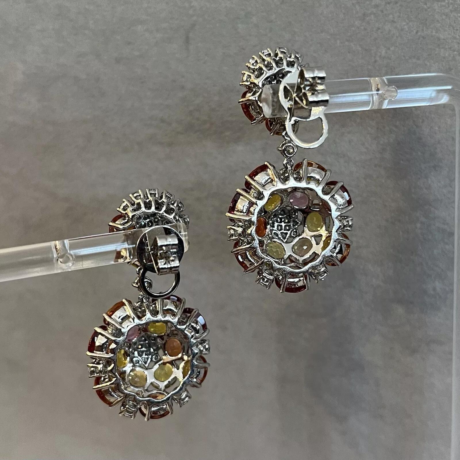 Multicolor Sapphire and Diamond Star Drop Earrings in 18k White Gold In Excellent Condition For Sale In La Jolla, CA