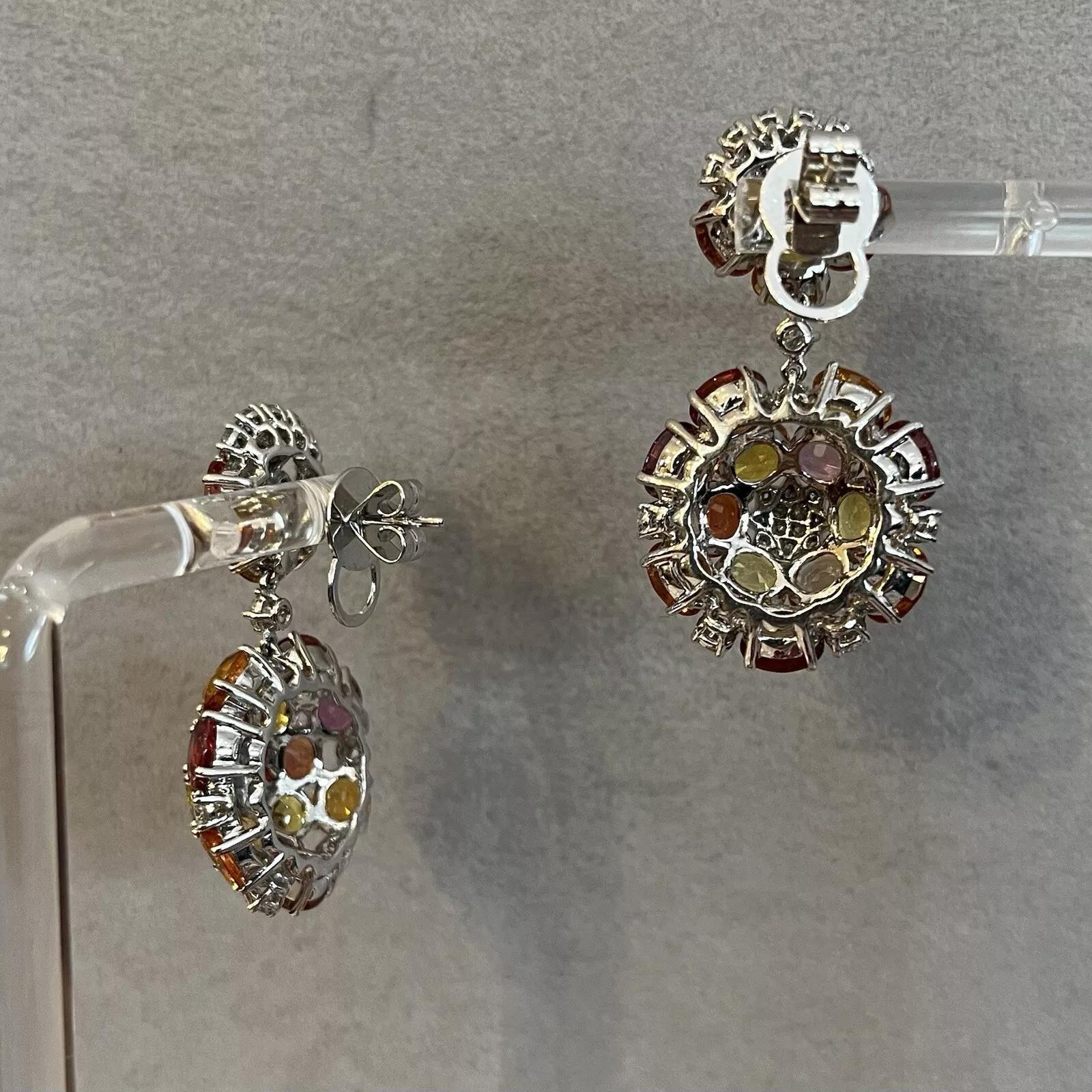Women's Multicolor Sapphire and Diamond Star Drop Earrings in 18k White Gold For Sale