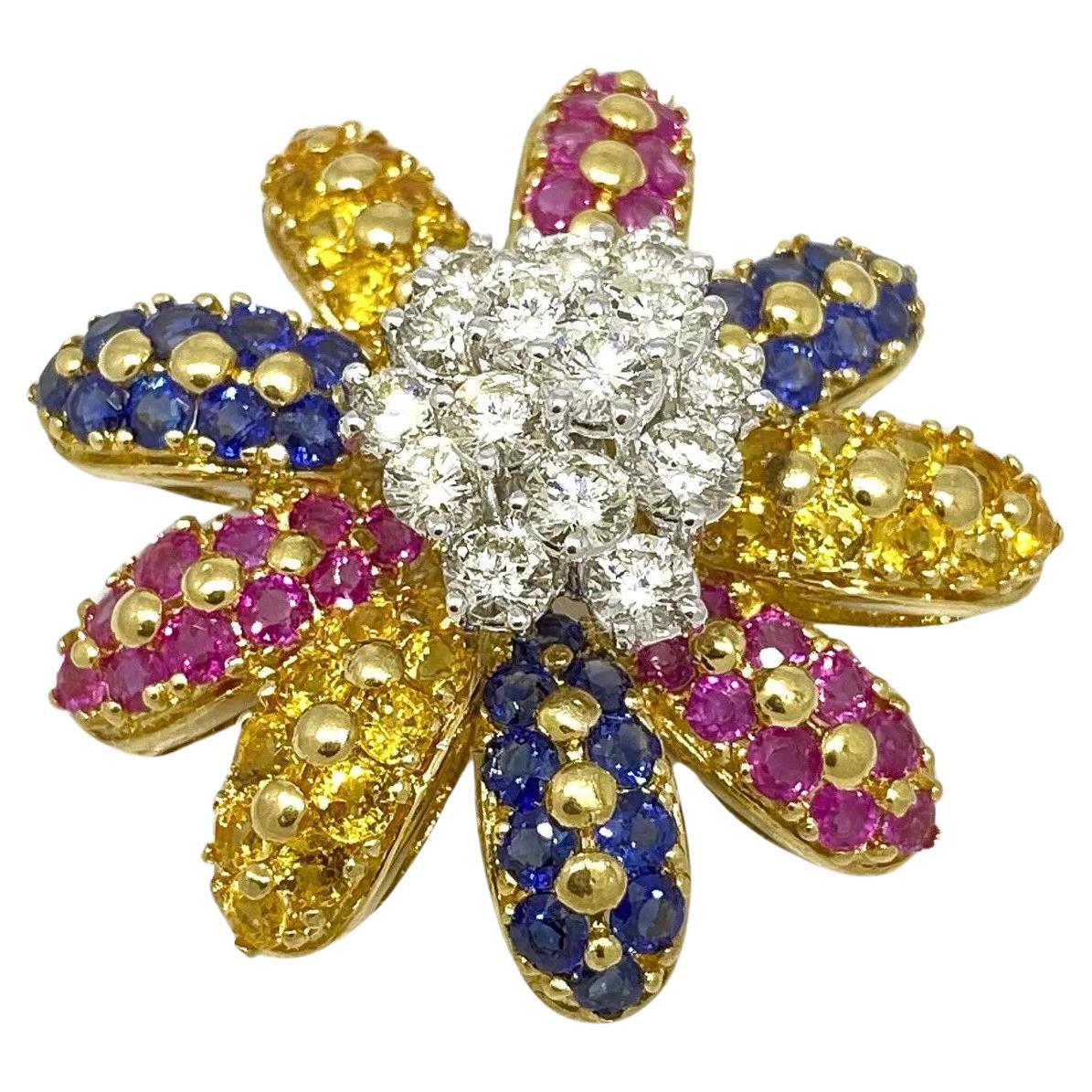 Pendentif marguerite en or jaune 18k saphir multicolore et diamant